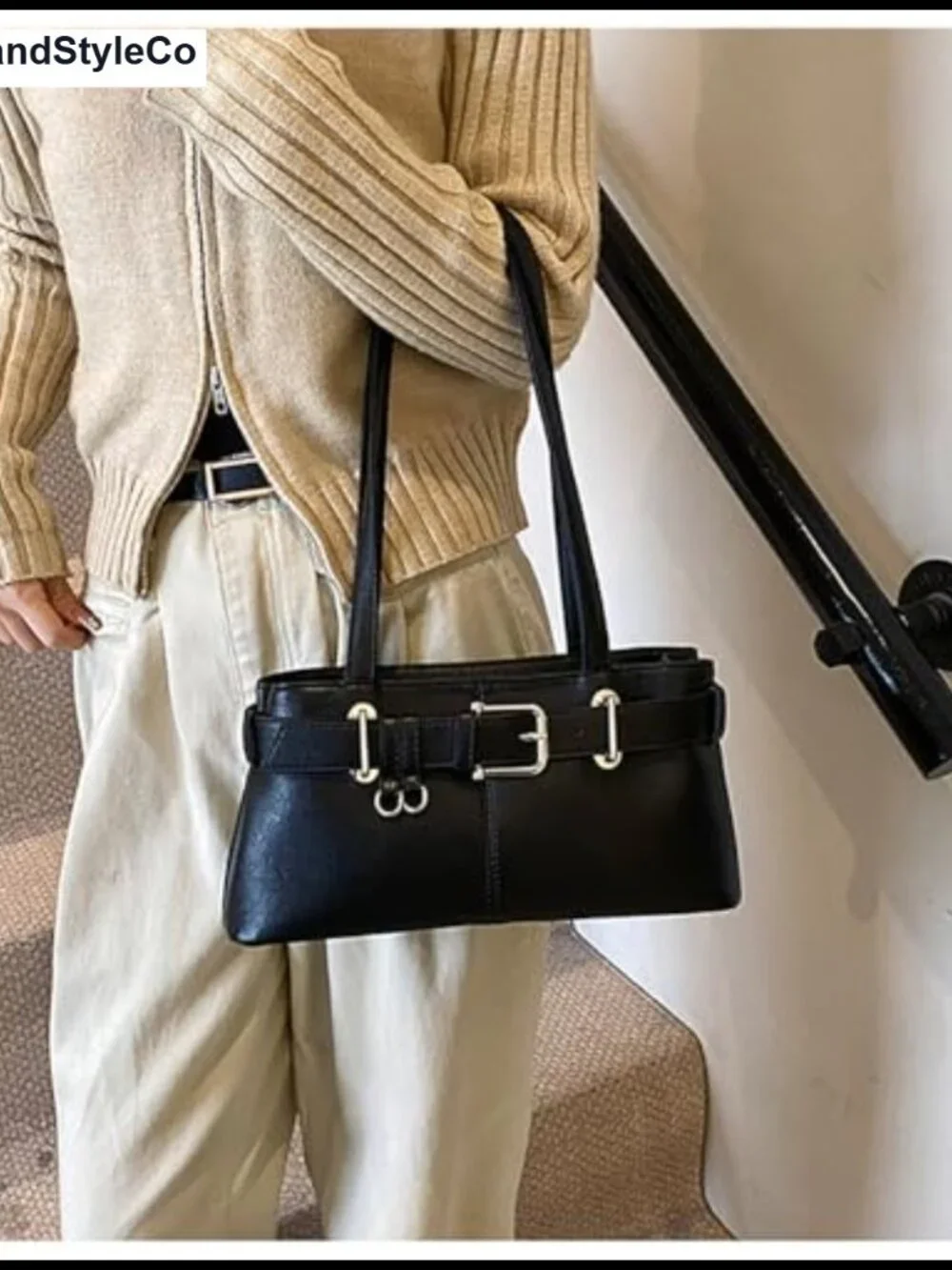 Vintage Y2K Hobo Shoulder Bag with Belt Buckle Faux Leather Underarm Satchel
